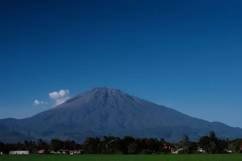 Mount Meru rising above green fields and trees near Arusha