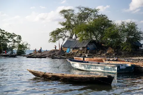Fishing boats drawn up beside a village on the Zanzibar shore