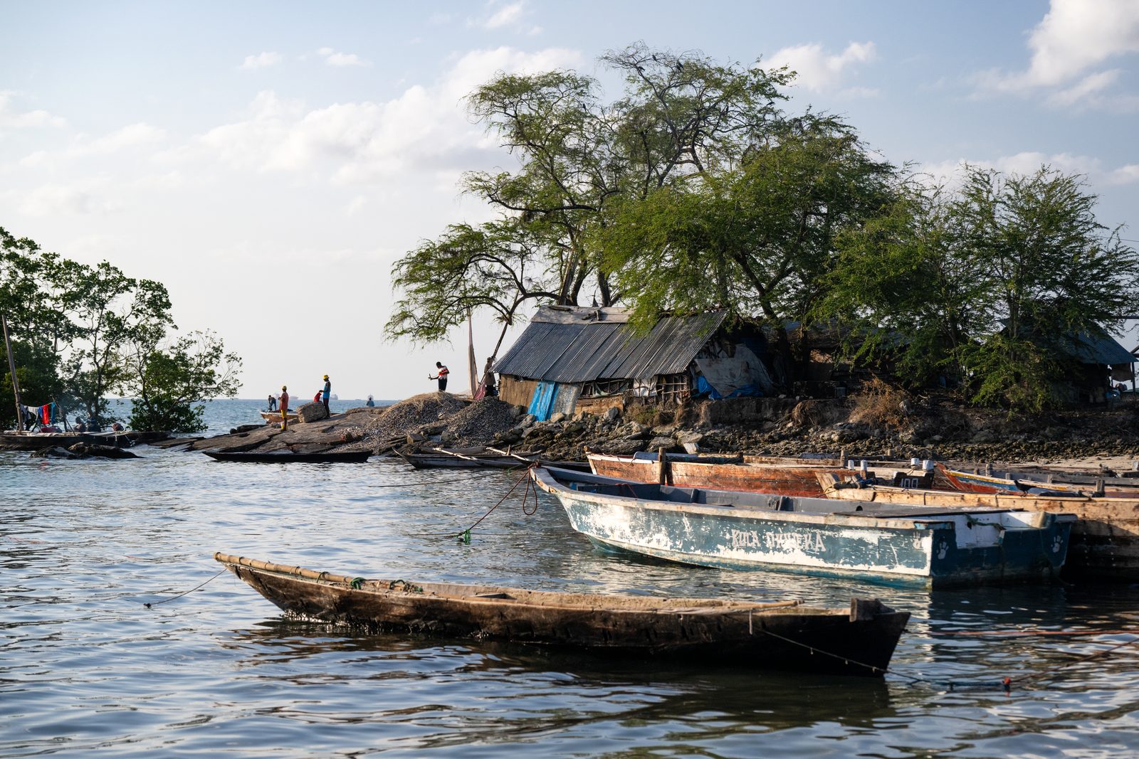 Fishing boats drawn up beside a village on the Zanzibar shore